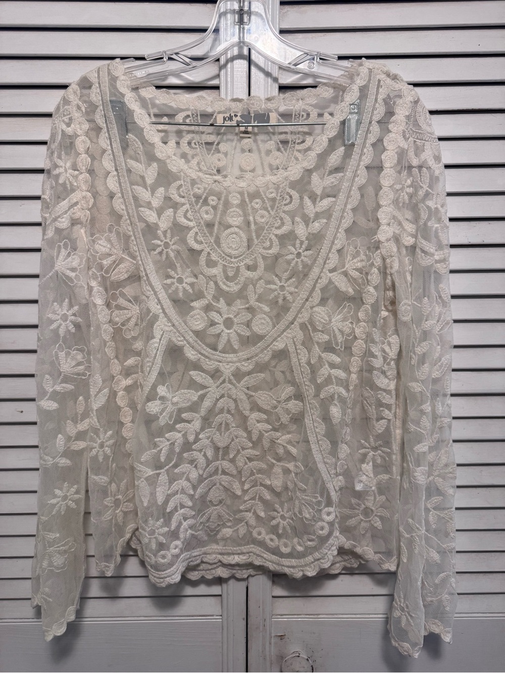 Jolt Ivory Embroidered Lace Mesh Long Sleeve Blouse Top Size Medium